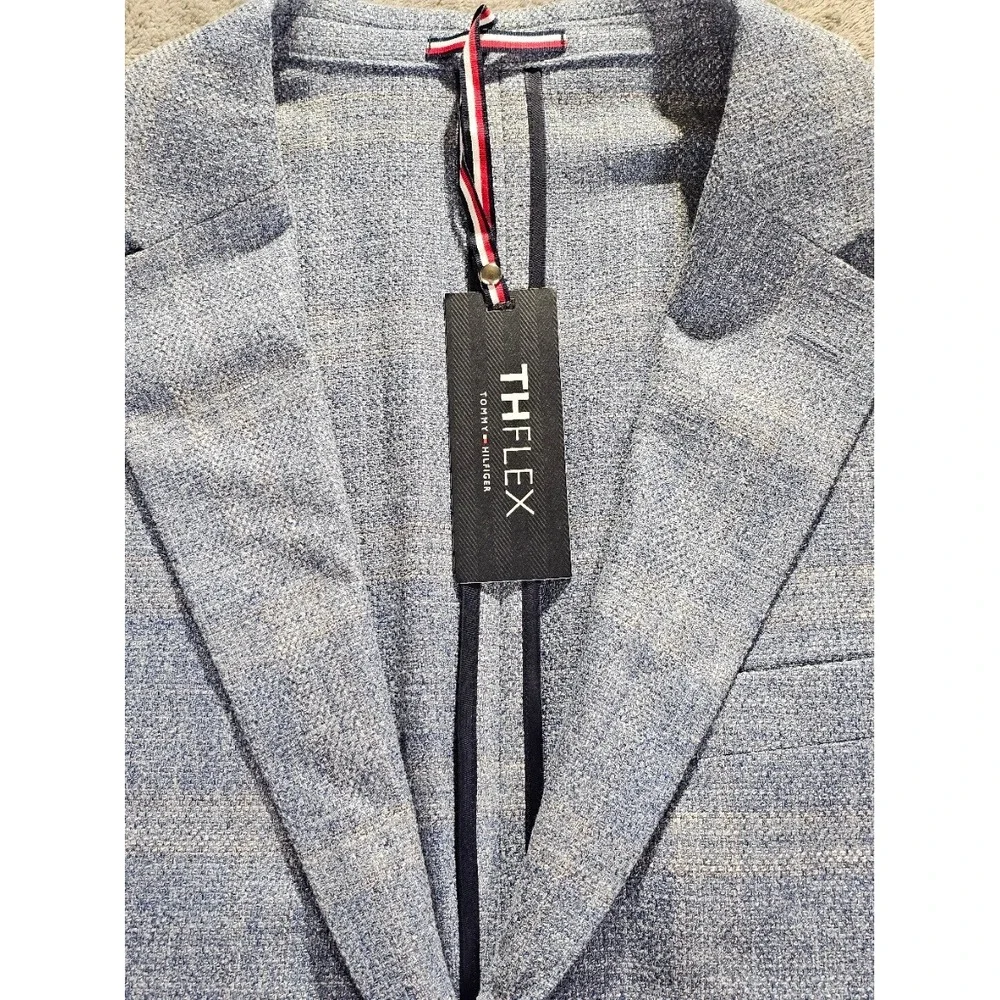 Tommy Hilfiger THFLEX Mens Light Blue Plaid Sport Coat Blazer 46R New